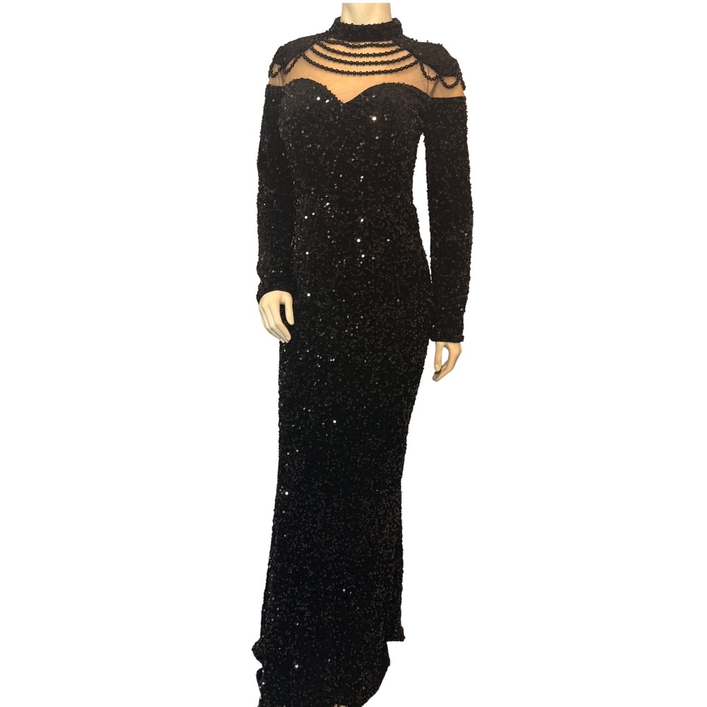 Love & Lemonade Black Sequin Gown Mock Neck Beaded Formal Dress Large